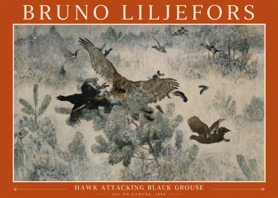 Bruno Liljefors Hawk Attacking Black Grouse No3 - Juliste