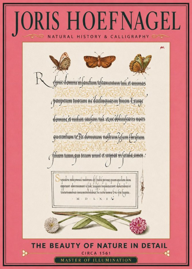 Joris Hoefnagel Butterflies, Flowers and Calligraphy Page No2 - Juliste