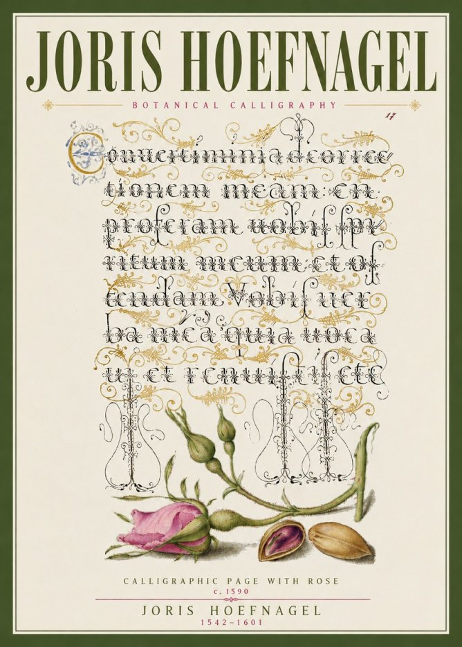 Joris Hoefnagel Calligraphic Page with Rose No3 - Juliste