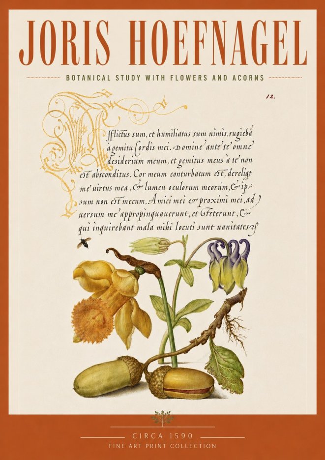 Joris Hoefnagel Illuminated Manuscript with Flowers and Acorns No5 - Juliste