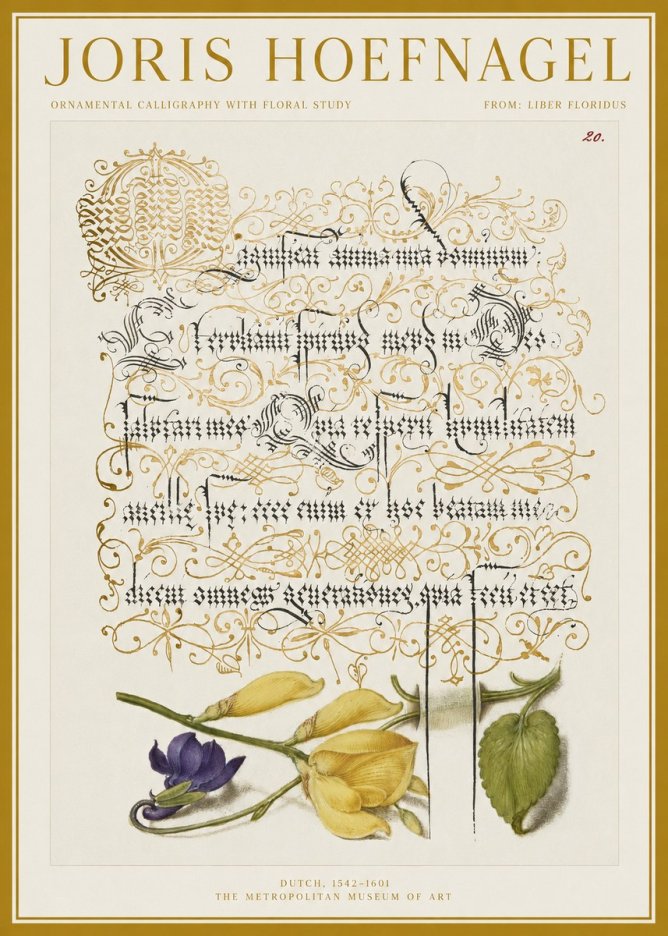 Joris Hoefnagel Ornamental Calligraphy with Floral Study No1 - Juliste