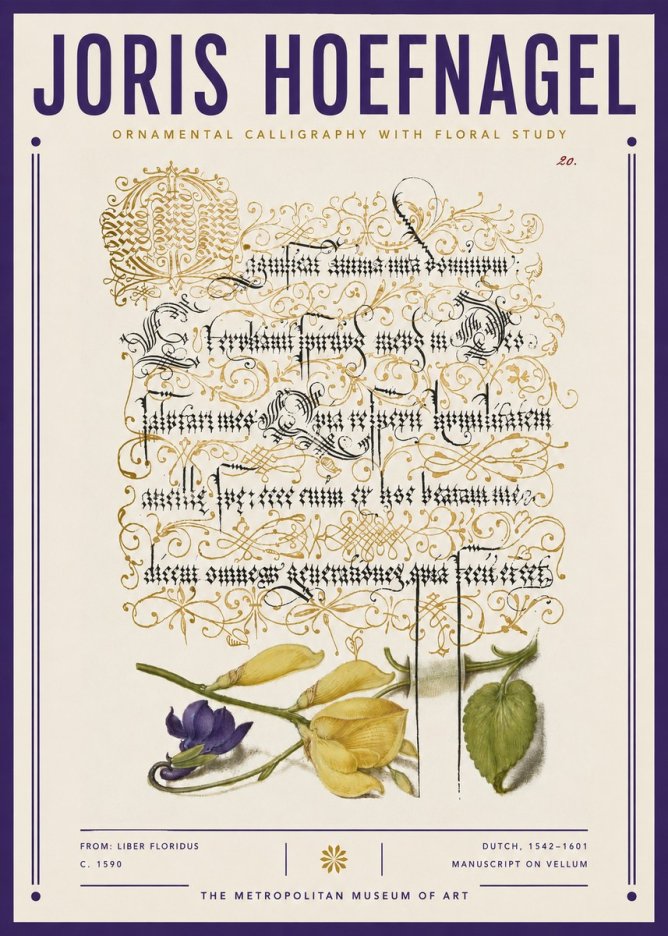 Joris Hoefnagel Ornamental Calligraphy with Floral Study No3 - Juliste