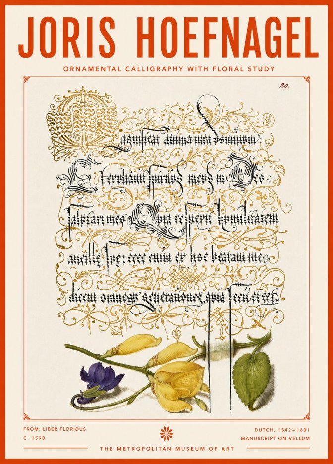 Joris Hoefnagel Ornamental Calligraphy with Floral Study No4 - Juliste
