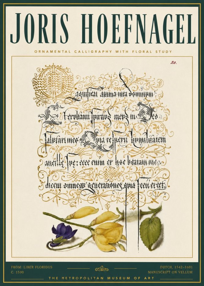 Joris Hoefnagel Ornamental Calligraphy with Floral Study No5 - Juliste