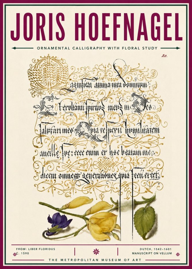 Joris Hoefnagel Ornamental Calligraphy with Floral Study No6 - Juliste