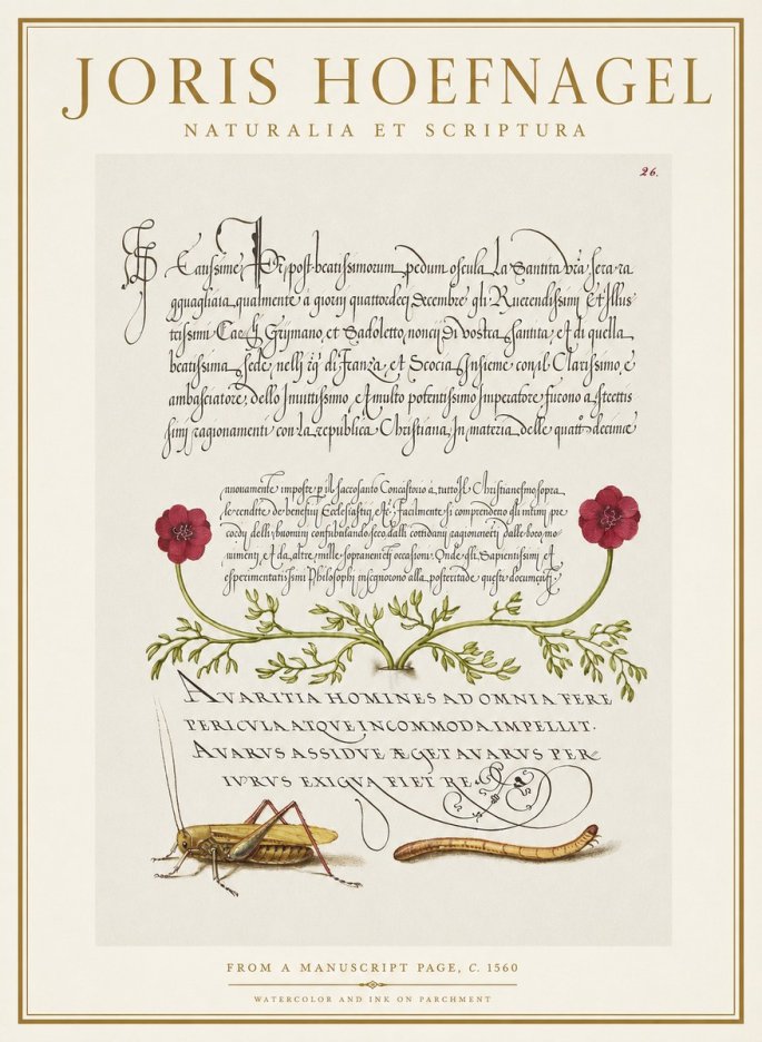 Joris Hoefnagel Illuminated Page with Flowers, Insects & Latin Script No2 - Juliste