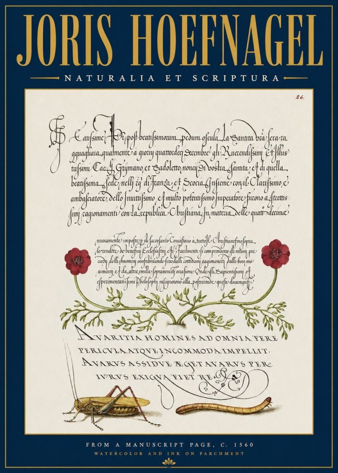 Joris Hoefnagel Illuminated Page with Flowers, Insects & Latin Script No4 - Juliste