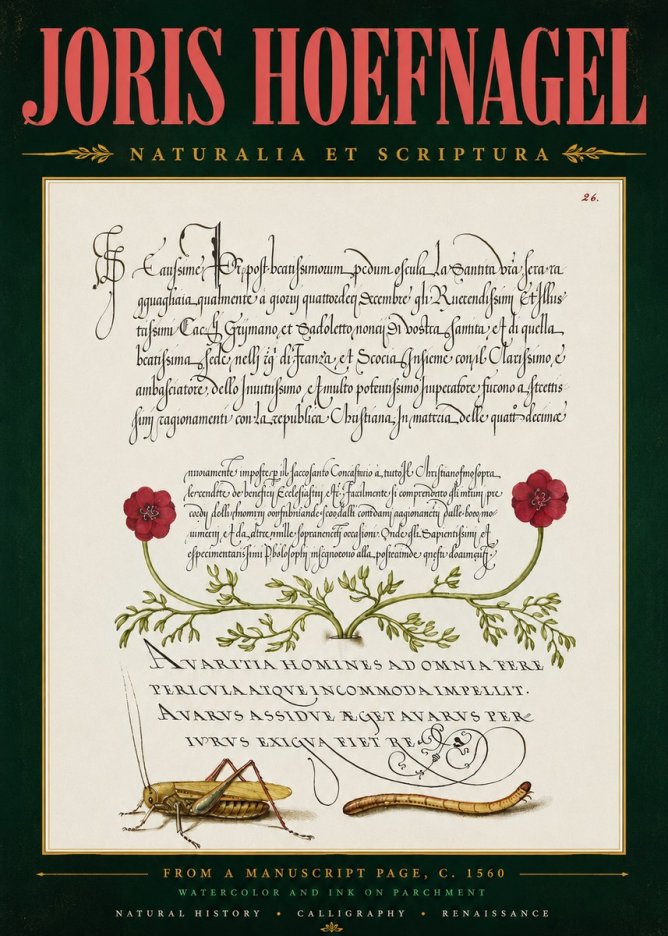 Joris Hoefnagel Illuminated Page with Flowers, Insects & Latin Script No5 - Juliste