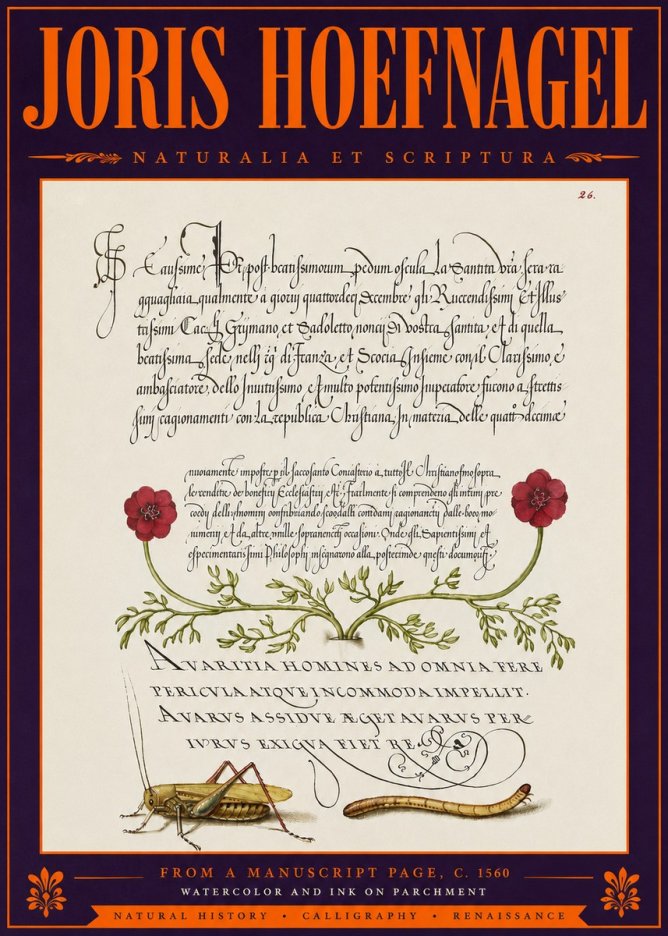 Joris Hoefnagel Illuminated Page with Flowers, Insects & Latin Script No6 - Juliste