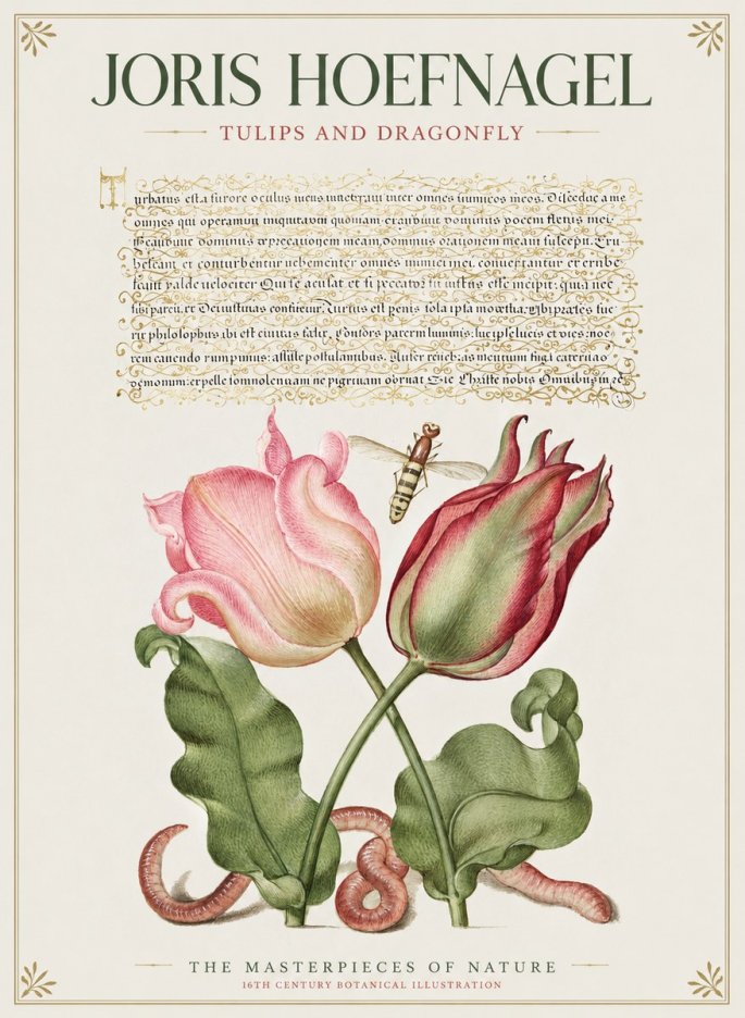 Joris Hoefnagel Two Tulips with Caterpillars and Dragonfly No2 - Juliste