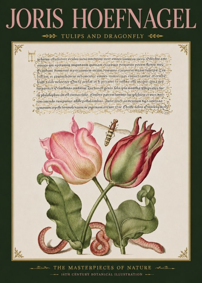 Joris Hoefnagel Two Tulips with Caterpillars and Dragonfly No5 - Juliste