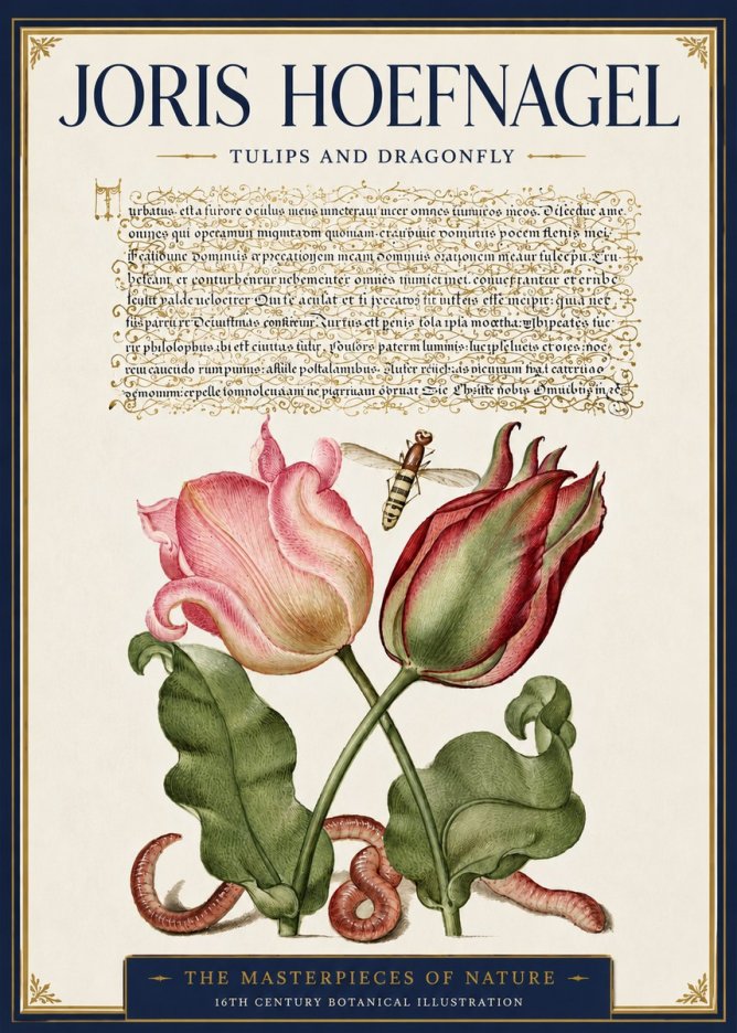 Joris Hoefnagel Two Tulips with Caterpillars and Dragonfly No6 - Juliste
