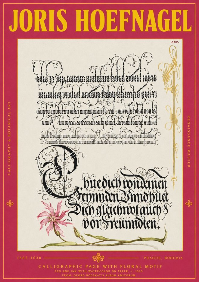 Joris Hoefnagel Calligraphy with Floral Ornament No4 - Juliste