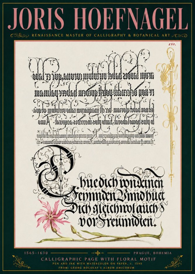 Joris Hoefnagel Calligraphy with Floral Ornament No6 - Juliste