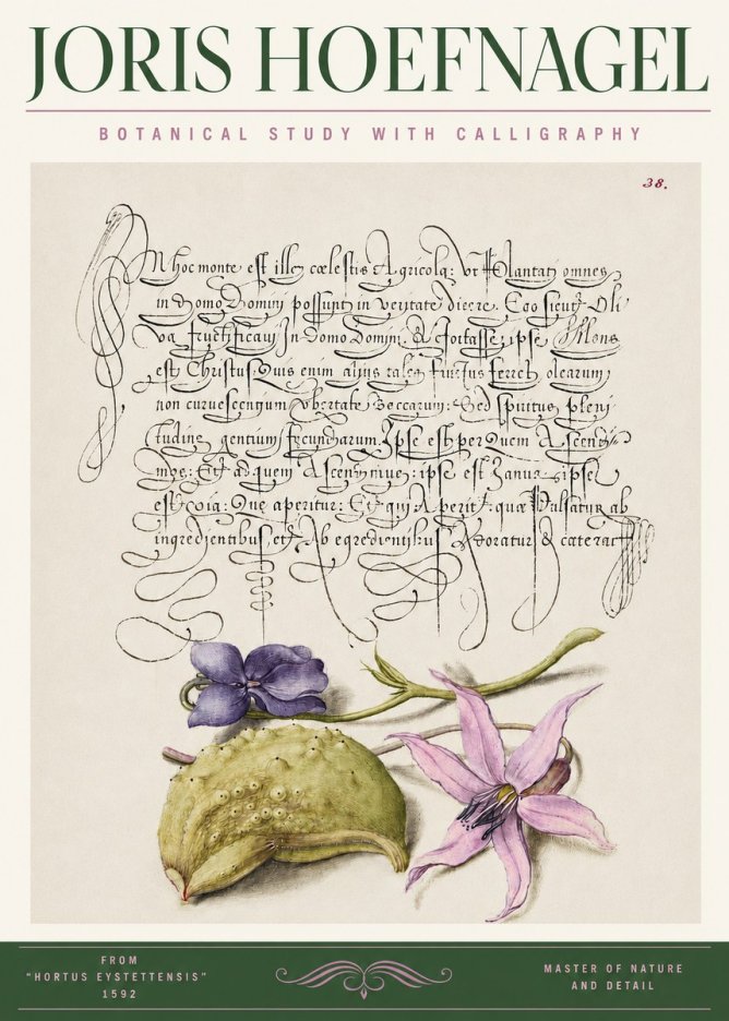 Joris Hoefnagel Botanical Study with Calligraphy I No3 - Juliste