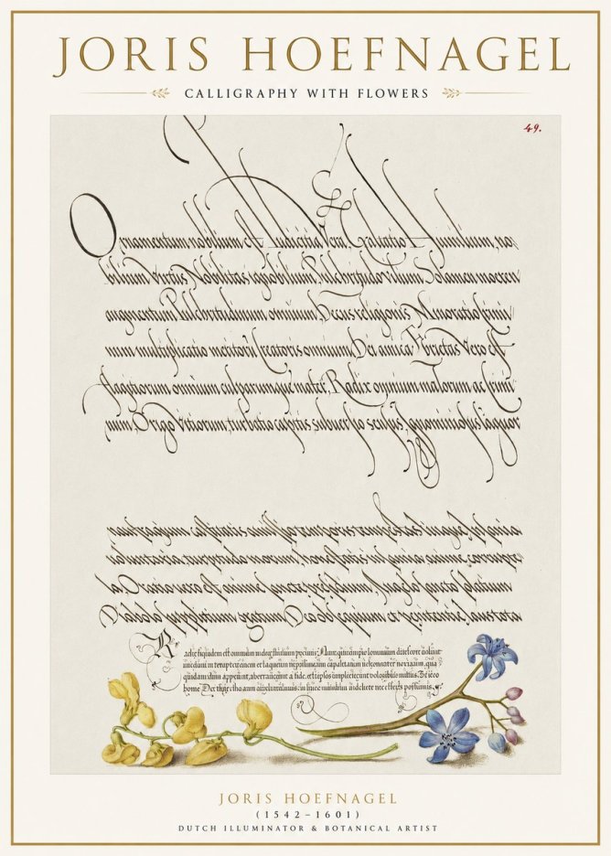 Joris Hoefnagel Calligraphy with Flowers No1 - Juliste