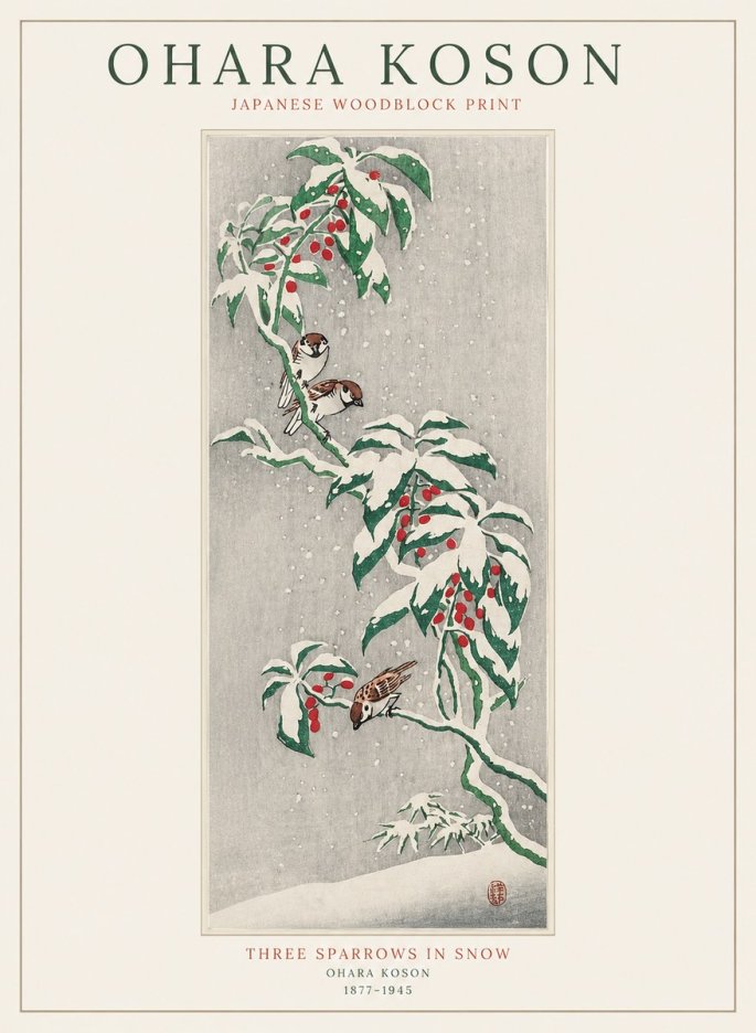 Ohara Koson Three Sparrows in Snow No1 - Juliste