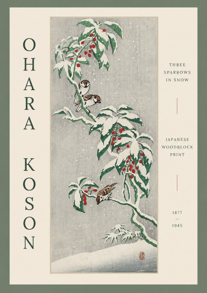 Ohara Koson Three Sparrows in Snow No3 - Juliste