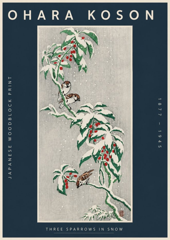 Ohara Koson Three Sparrows in Snow No4 - Juliste