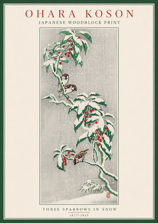 Ohara Koson Three Sparrows in Snow No5 - Juliste