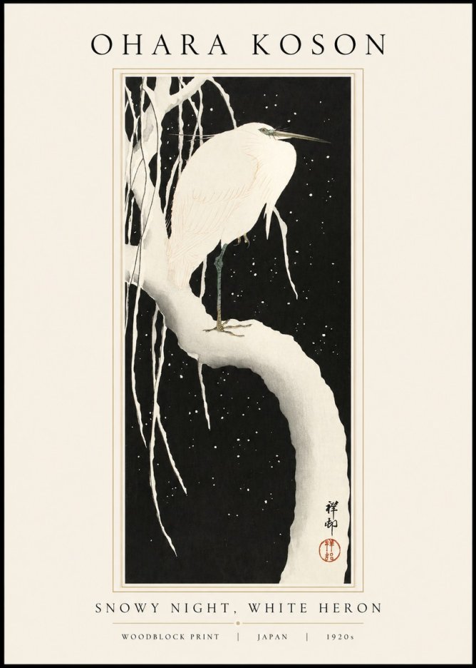 Ohara Koson Snowy Night, White Heron No1 - Juliste
