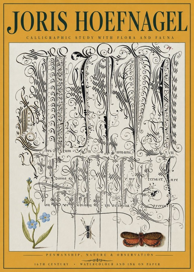 Joris Hoefnagel Calligraphic Study with Flora and Fauna No3 - Juliste