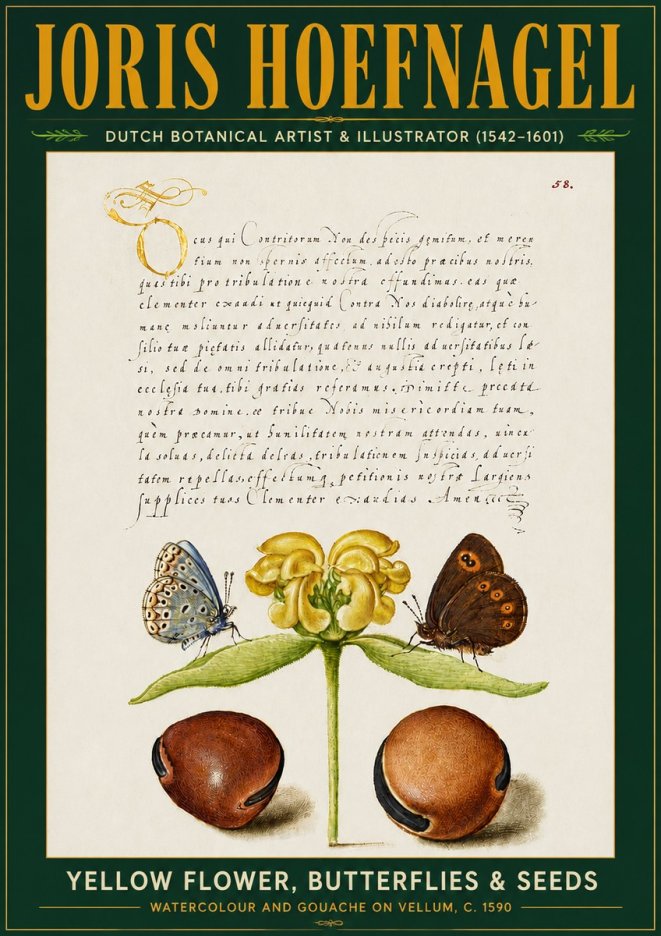 Joris Hoefnagel Yellow Flower, Butterflies & Seeds No5 - Juliste