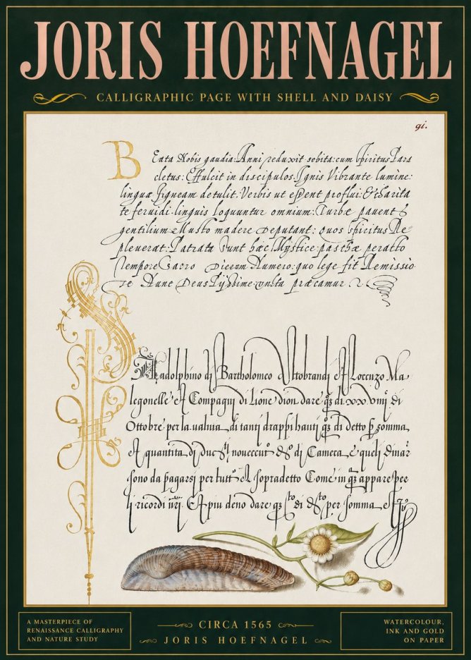 Joris Hoefnagel Calligraphic Page with Shell and Daisy No4 - Juliste