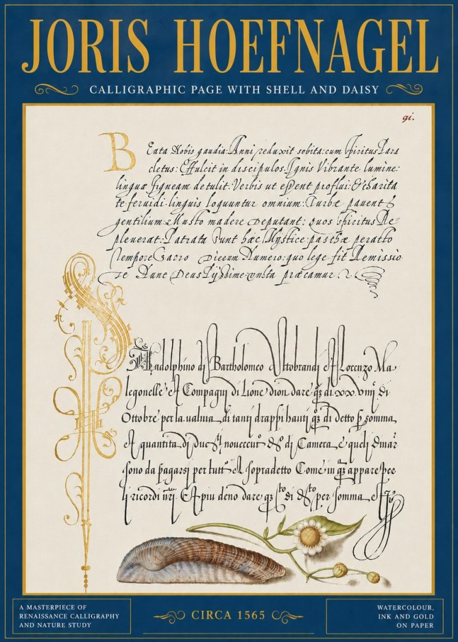 Joris Hoefnagel Calligraphic Page with Shell and Daisy No5 - Juliste