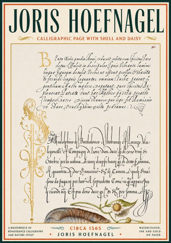 Joris Hoefnagel Calligraphic Page with Shell and Daisy No6 - Juliste