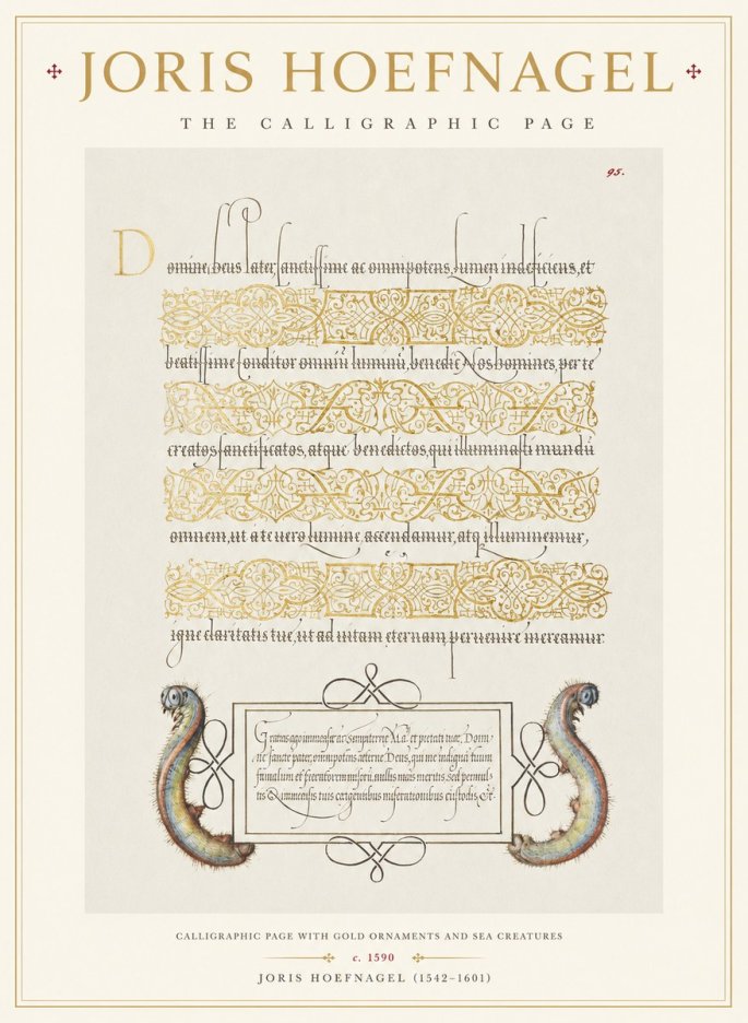 Joris Hoefnagel Calligraphic Page with Gold Ornaments and Sea Creatures No1 - Juliste