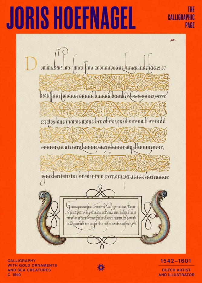 Joris Hoefnagel Calligraphic Page with Gold Ornaments and Sea Creatures No2 - Juliste