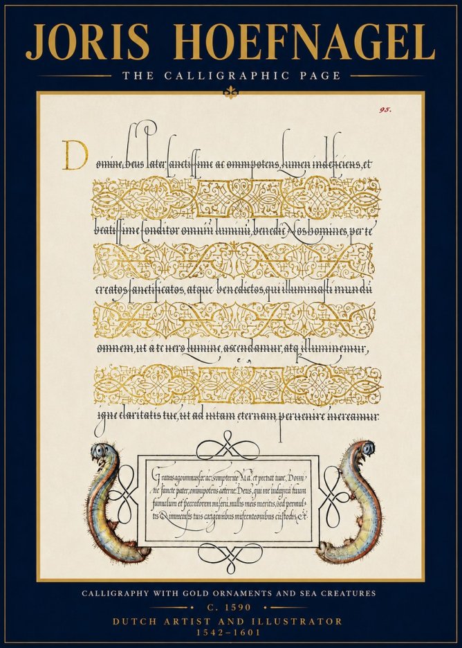 Joris Hoefnagel Calligraphic Page with Gold Ornaments and Sea Creatures No4 - Juliste
