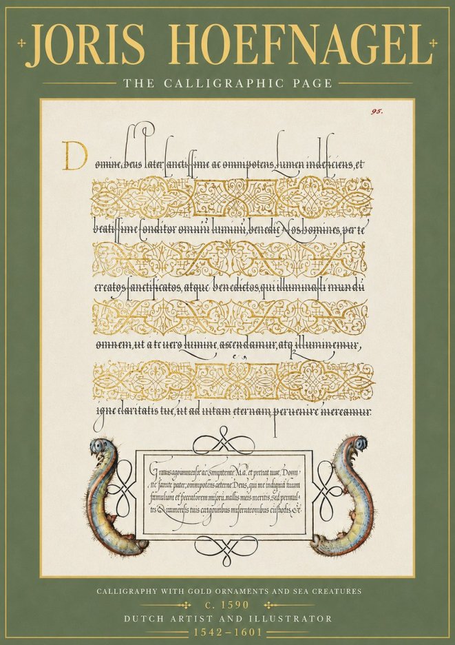 Joris Hoefnagel Calligraphic Page with Gold Ornaments and Sea Creatures No5 - Juliste