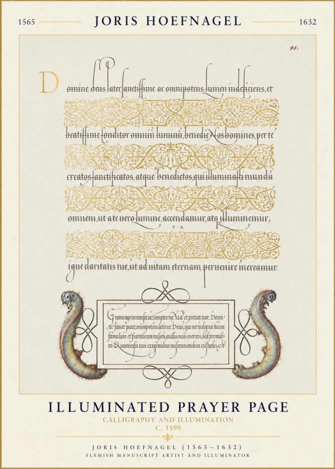 Joris Hoefnagel Calligraphic Page with Gold Ornaments and Sea Creatures No6 - Juliste
