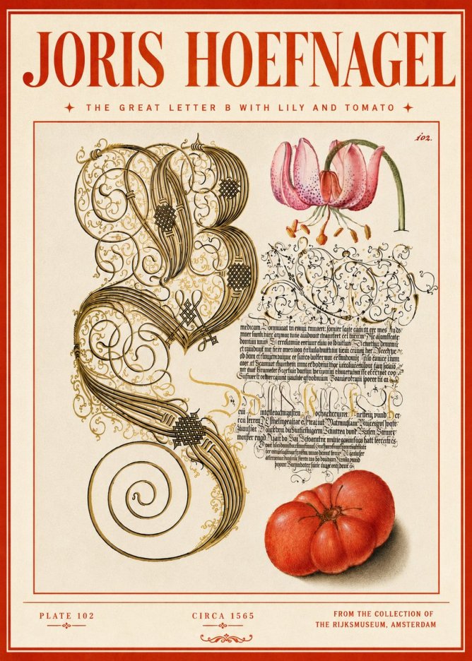 Joris Hoefnagel The Great Letter B with Lily and Tomato No5 - Juliste
