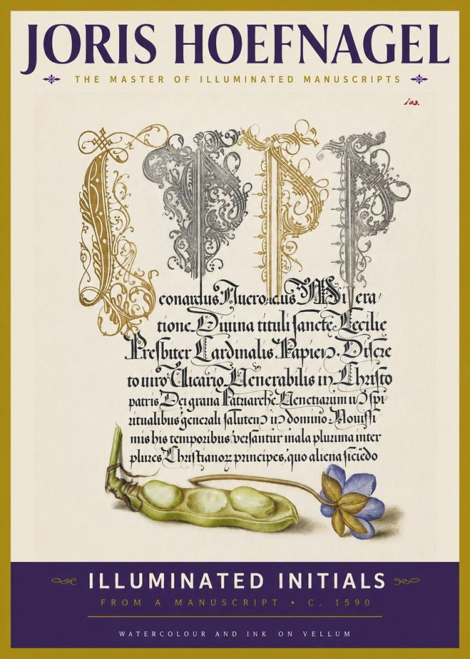 Joris Hoefnagel Illuminated Initials with Peapod and Flower No3 - Juliste