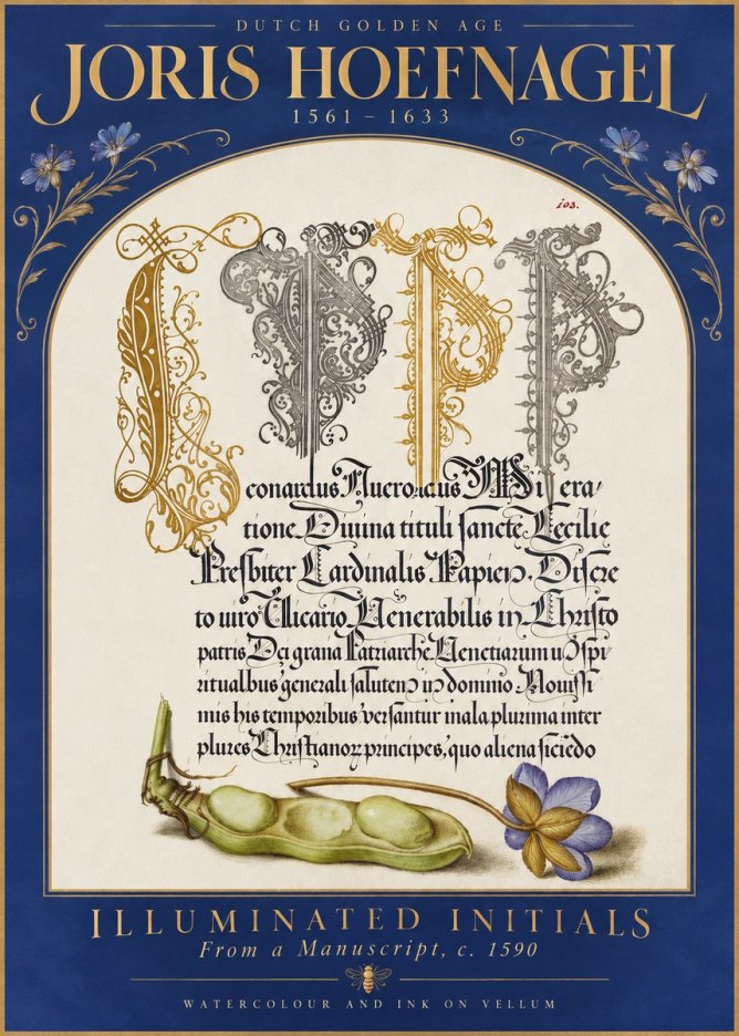 Joris Hoefnagel Illuminated Initials with Peapod and Flower No5 - Juliste
