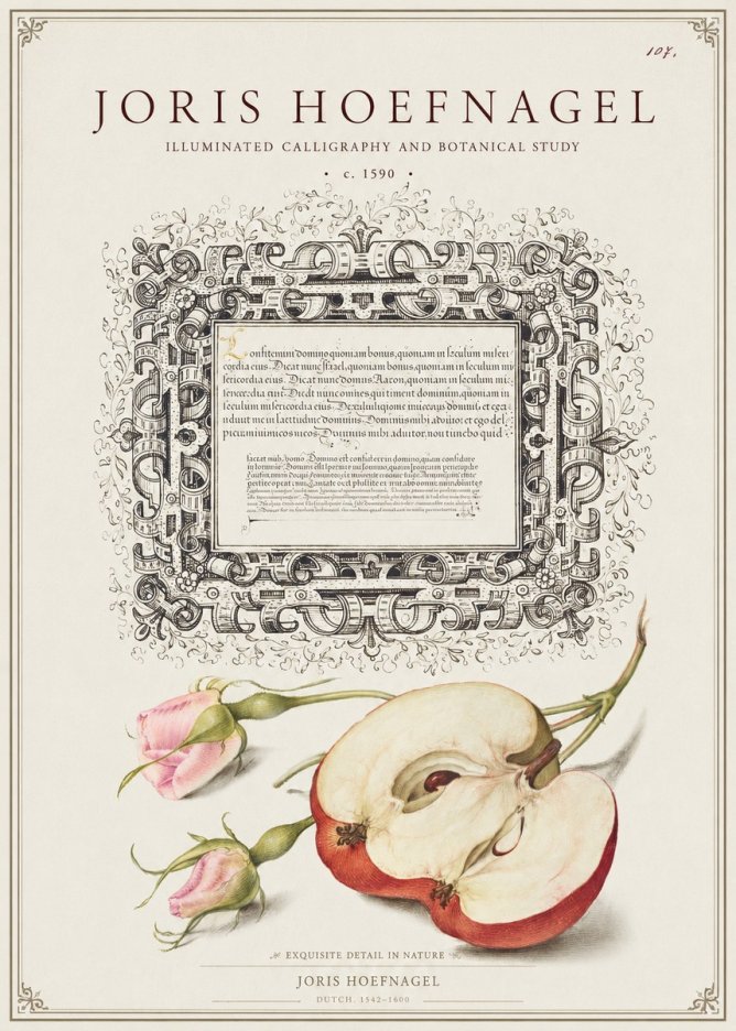 Joris Hoefnagel Illuminated Calligraphy and Botanical Study No1 - Juliste