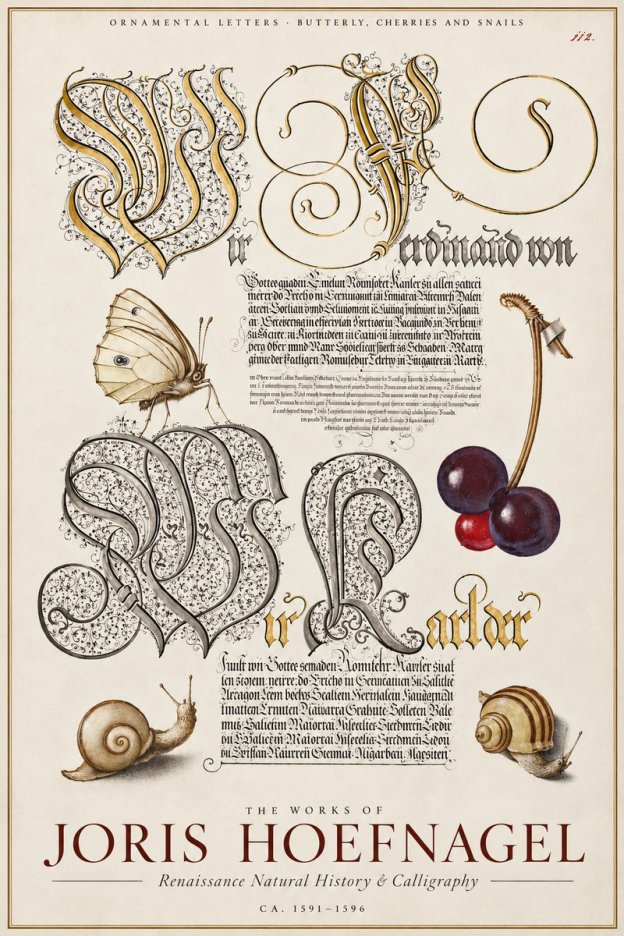 Joris Hoefnagel Ornamental Letters with Butterfly, Cherries and Snails No4 - Juliste
