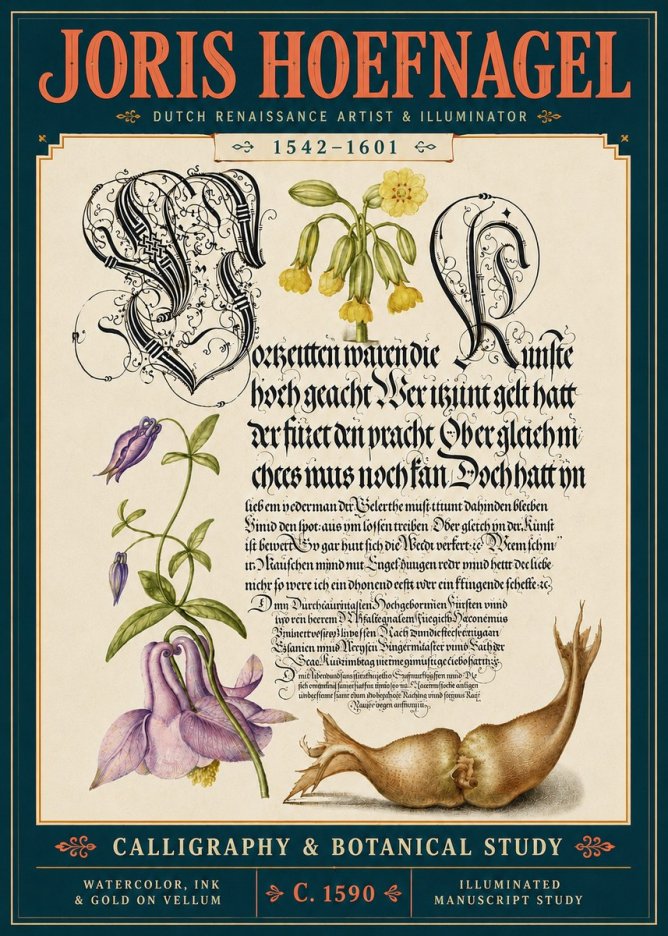 Joris Hoefnagel Calligraphy & Botanical Study No5 - Juliste