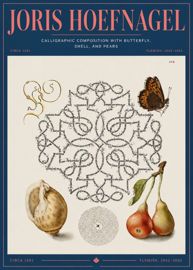 Joris Hoefnagel Calligraphic Composition with Butterfly, Shell, and Pears No4 - Juliste
