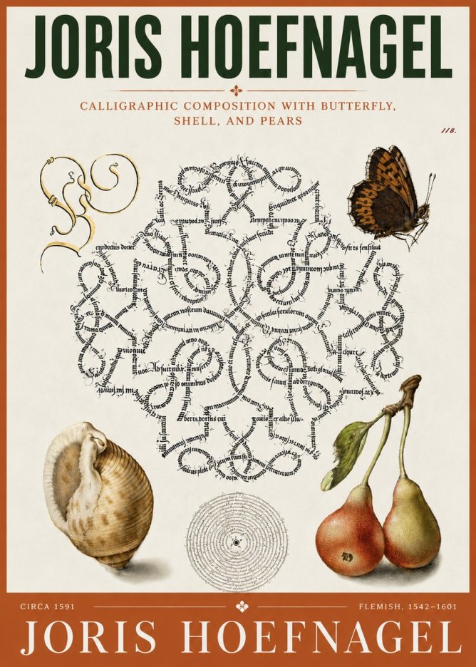Joris Hoefnagel Calligraphic Composition with Butterfly, Shell, and Pears No5 - Juliste