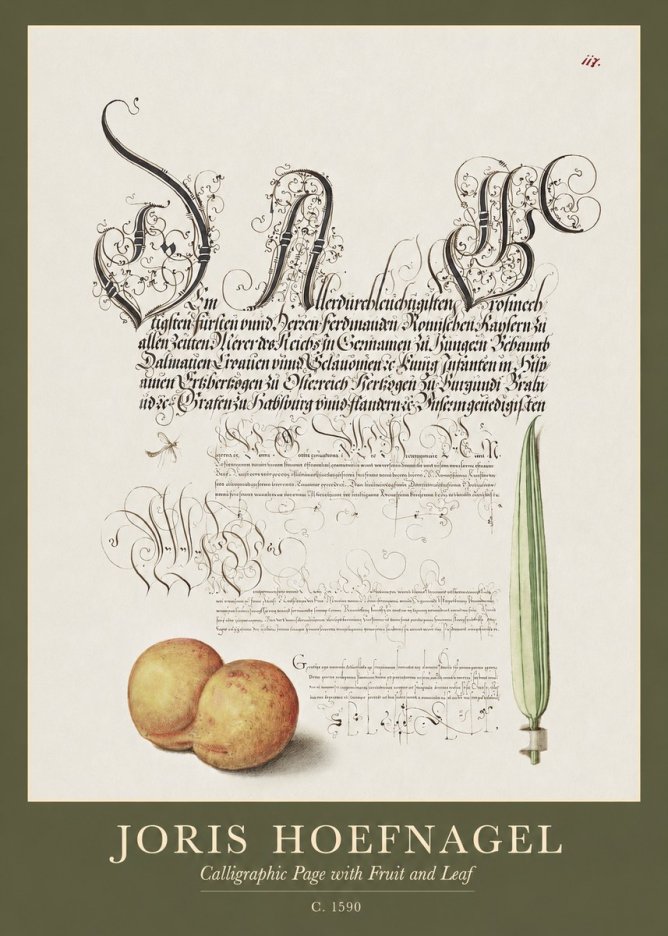 Joris Hoefnagel Calligraphic Page with Fruit and Leaf No1 - Juliste