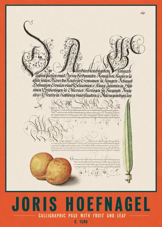 Joris Hoefnagel Calligraphic Page with Fruit and Leaf No2 - Juliste