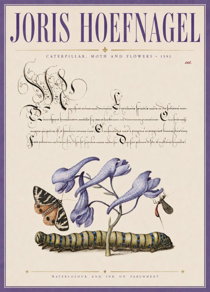 Joris Hoefnagel Caterpillar, Moth and Flowers No3 - Juliste