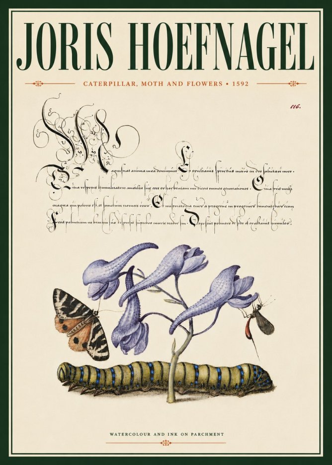 Joris Hoefnagel Caterpillar, Moth and Flowers No4 - Juliste