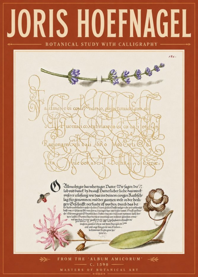 Joris Hoefnagel Botanical Study with Calligraphy IV No6 - Juliste