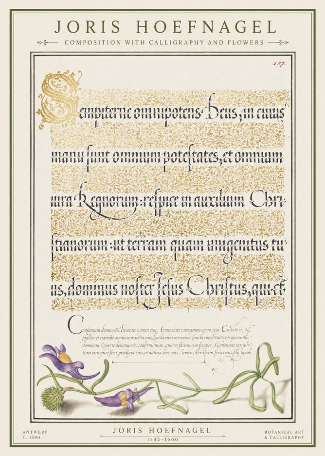 Joris Hoefnagel Composition with Calligraphy and Flowers No1 - Juliste