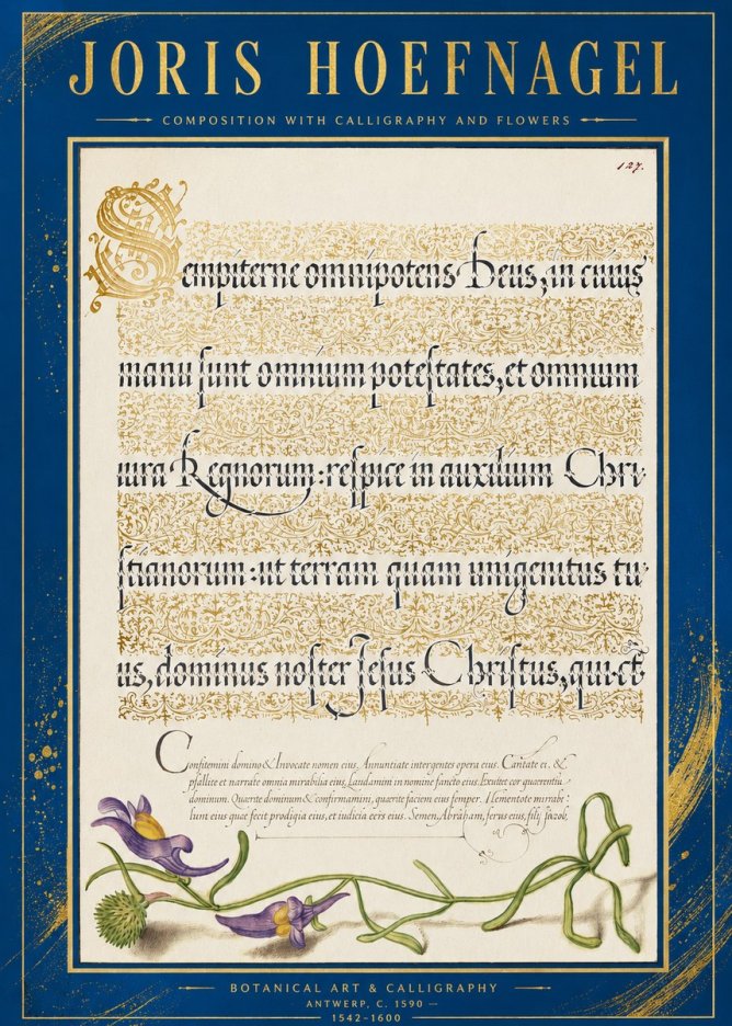 Joris Hoefnagel Composition with Calligraphy and Flowers No2 - Juliste